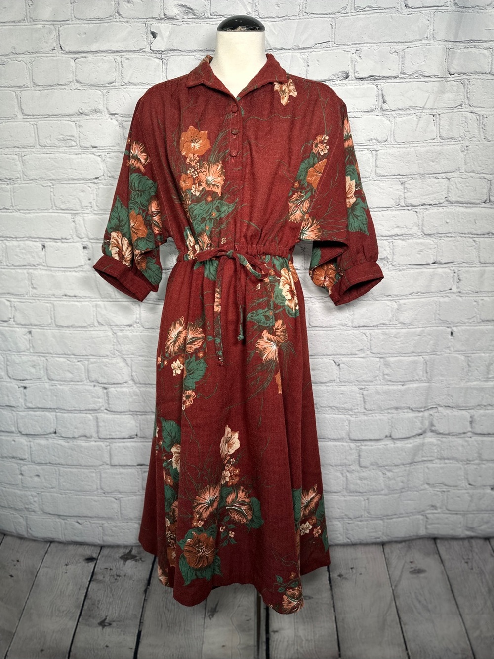 Vintage 70s Rust Green Floral Dress Boho Drawstring Waist Prairie Boho Midi M/L